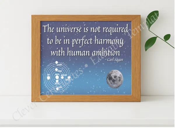 Realistic mockup featuring Carl Sagan Quotation displayed within a modern frame, set against a minimalistic background.