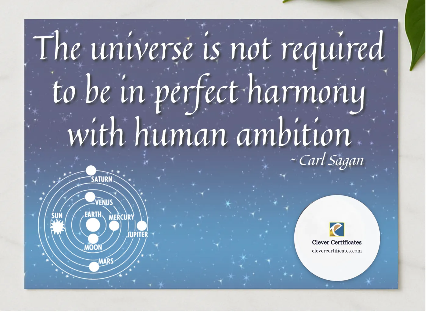 Carl Sagan Quotation presented in a sleek wooden frame, elegantly arranged on a stylish table.