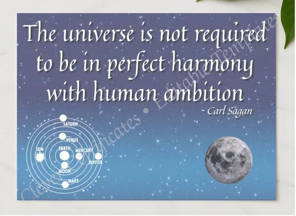 Carl Sagan Quotation presented in a sleek wooden frame, elegantly arranged on a stylish table.