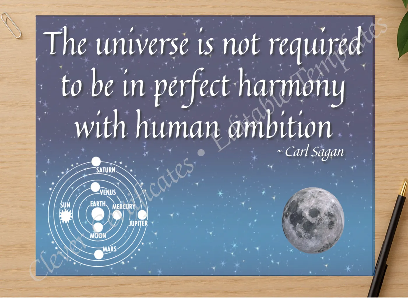 Professional preview of Carl Sagan Quotation certificate on high-quality stationery paper, ideal for showcasing the final look.