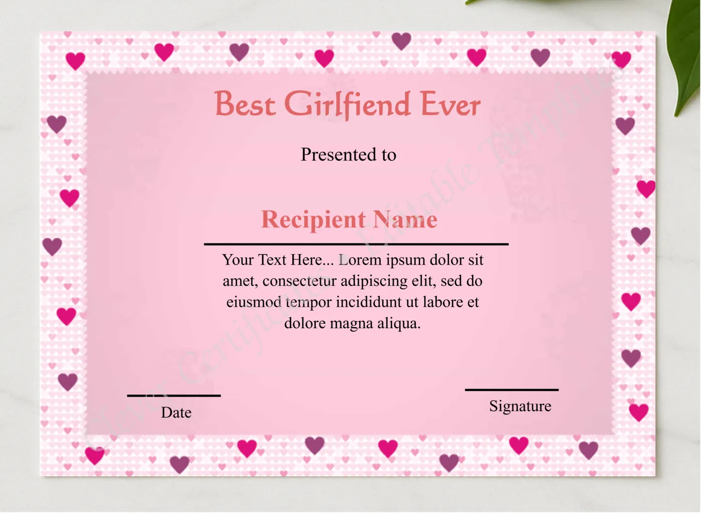 Editable Best Girlfriend Ever  presented in a sleek wooden frame, elegantly arranged on a stylish table.