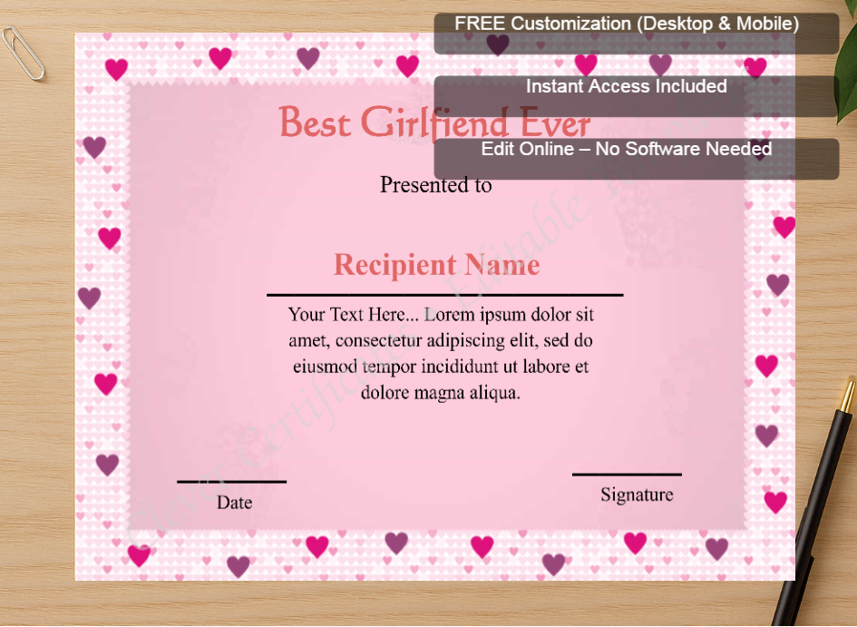 Zoomed preview with Free Editor badge stack for Editable Best Girlfriend Ever 