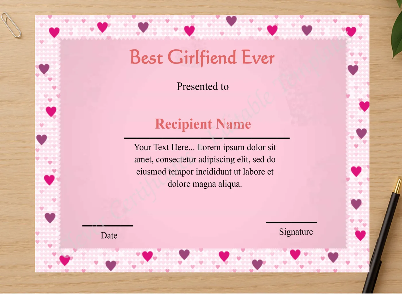 Professional preview of Editable Best Girlfriend Ever  certificate on high-quality stationery paper, ideal for showcasing the final look.