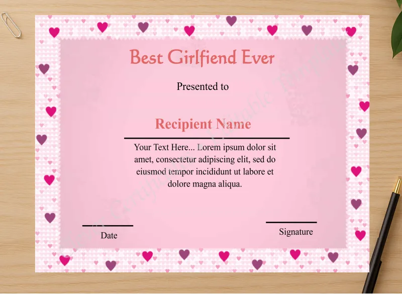 Professional preview of Editable Best Girlfriend Ever  certificate on high-quality stationery paper, ideal for showcasing the final look.