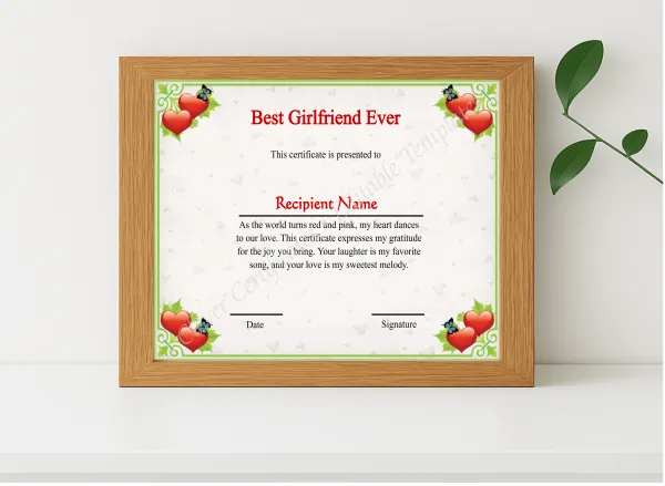 Realistic mockup featuring Printable Best Girlfriend Ever  displayed within a modern frame, set against a minimalistic background.
