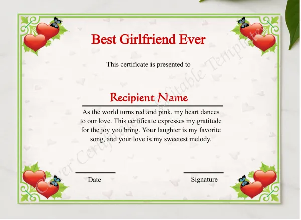Printable Best Girlfriend Ever  presented in a sleek wooden frame, elegantly arranged on a stylish table.