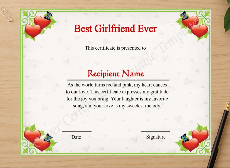 Professional preview of Printable Best Girlfriend Ever  certificate on high-quality stationery paper, ideal for showcasing the final look.