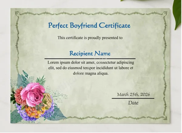 Customizeable Perfect Boyfriend Certificate  presented in a sleek wooden frame, elegantly arranged on a stylish table.