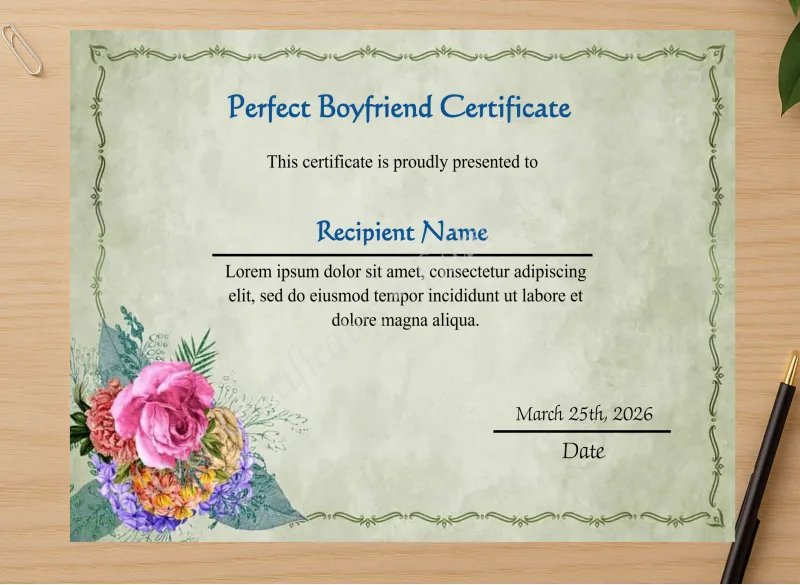 Professional preview of Customizeable Perfect Boyfriend Certificate  certificate on high-quality stationery paper, ideal for showcasing the final look.