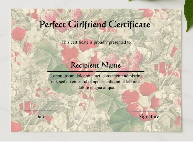 Customizeable Perfect Girlfriend Certificate  presented in a sleek wooden frame, elegantly arranged on a stylish table.