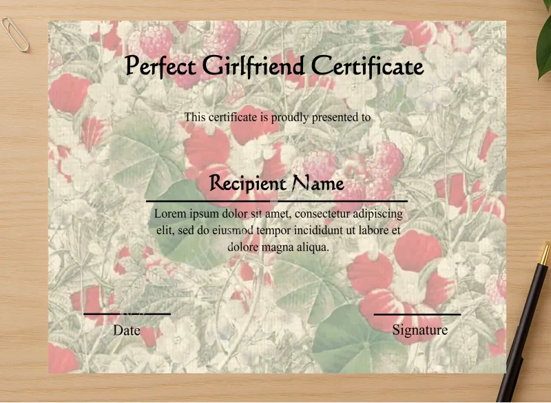 Professional preview of Customizeable Perfect Girlfriend Certificate  certificate on high-quality stationery paper, ideal for showcasing the final look.