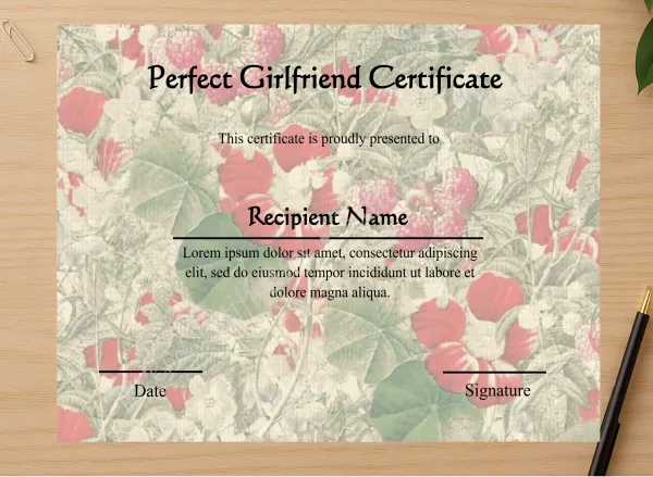 Professional preview of Customizeable Perfect Girlfriend Certificate  certificate on high-quality stationery paper, ideal for showcasing the final look.