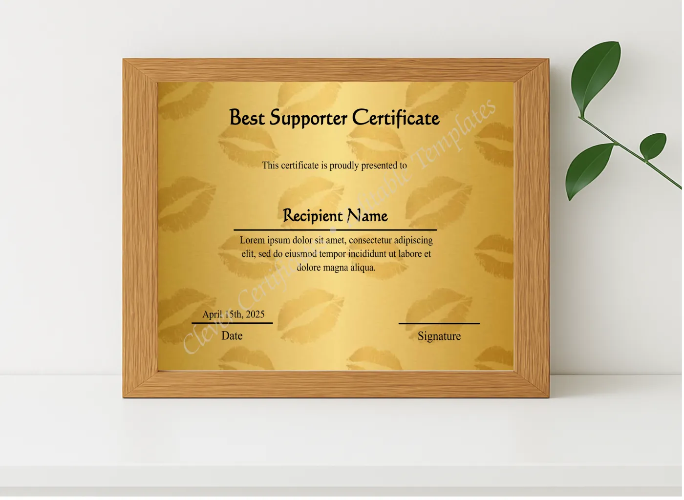 Realistic mockup featuring Editable Best Supporter Certificate  displayed within a modern frame, set against a minimalistic background.