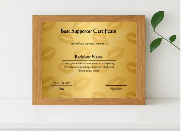 Realistic mockup featuring Editable Best Supporter Certificate  displayed within a modern frame, set against a minimalistic background.