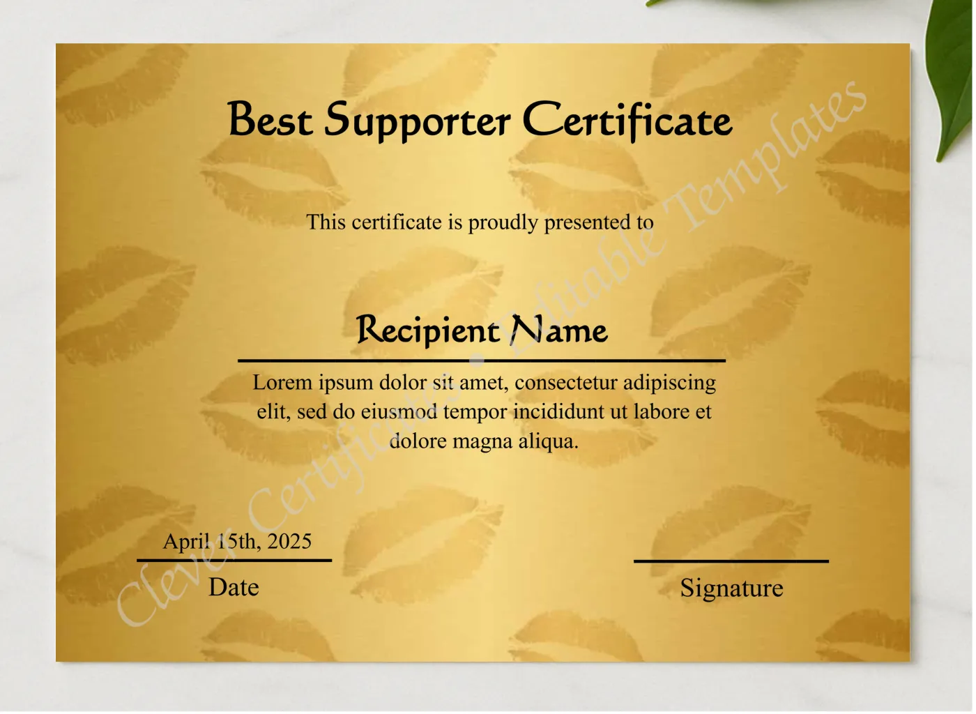 Editable Best Supporter Certificate  presented in a sleek wooden frame, elegantly arranged on a stylish table.