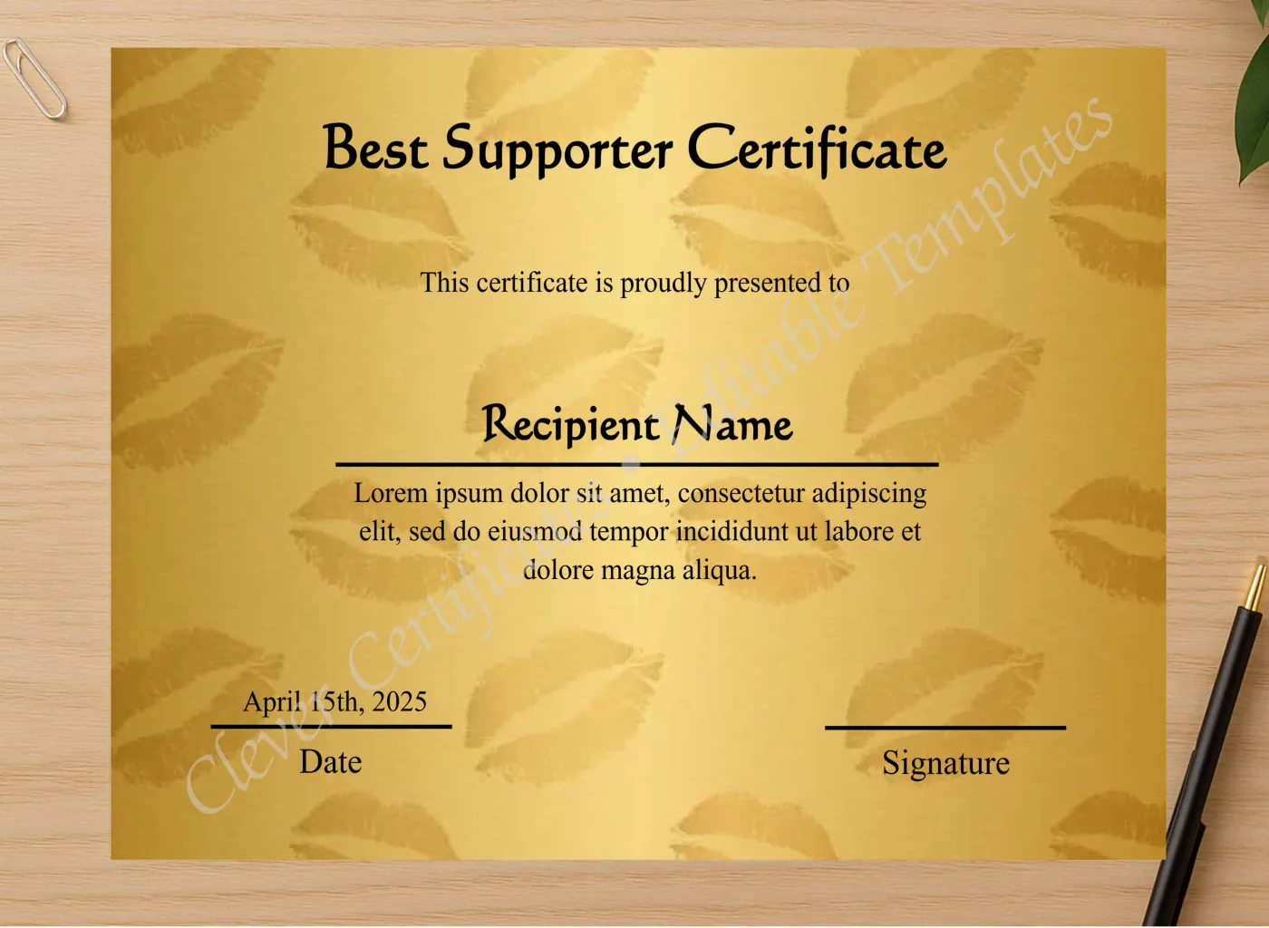 Professional preview of Editable Best Supporter Certificate  certificate on high-quality stationery paper, ideal for showcasing the final look.