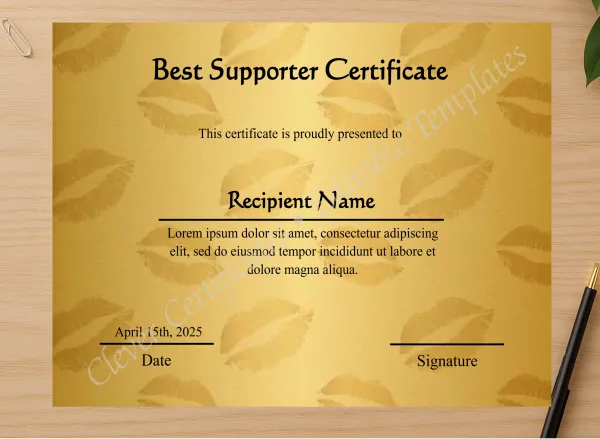 Professional preview of Editable Best Supporter Certificate  certificate on high-quality stationery paper, ideal for showcasing the final look.